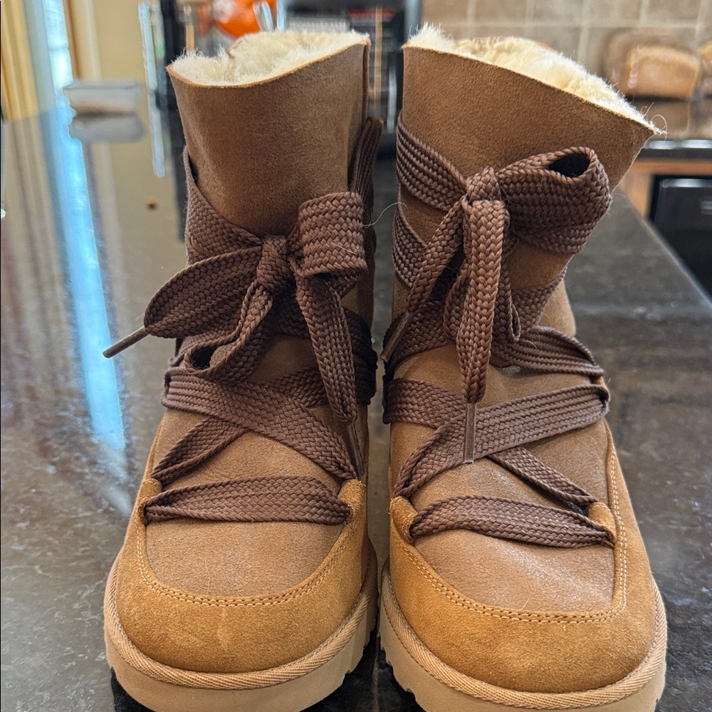 UGG Tan Suede Boots with Fur Trim
